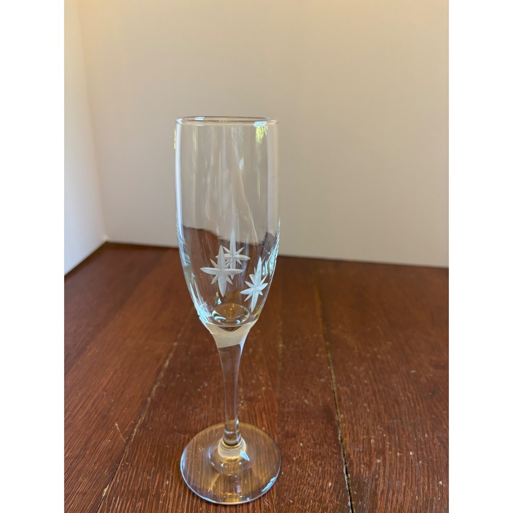 Libbey Champagne Flute Etched Starburst Glass Stemware Clear Vintage Style